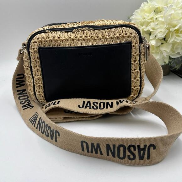 JASON WU Sylvia Small Straw Camera Crossbody Canvas Logo Adjustable Strap 
Bag - Picture 1 of 9